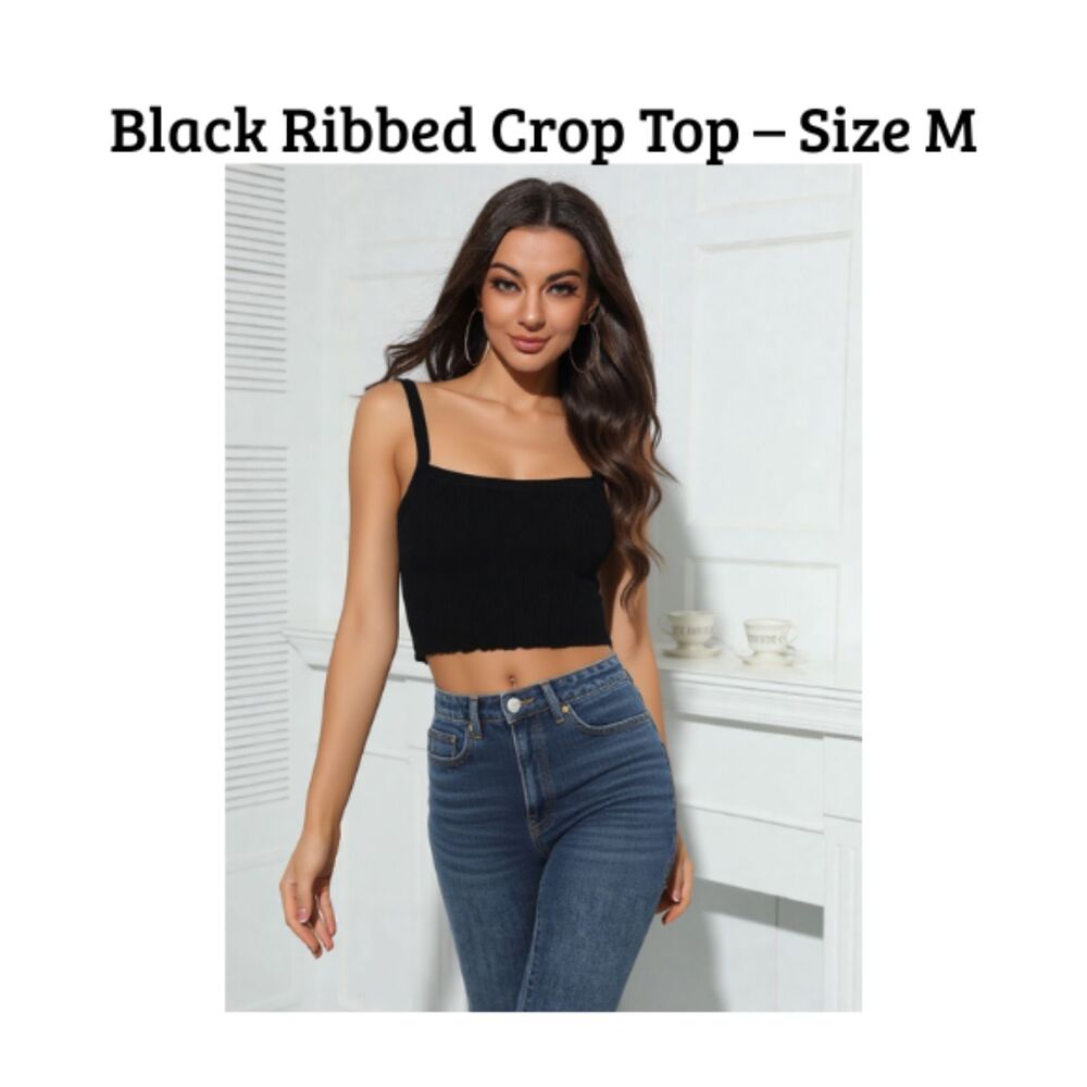 SOLD Black Ribbed Spaghetti Strap Crop Top (Shein, Size M)